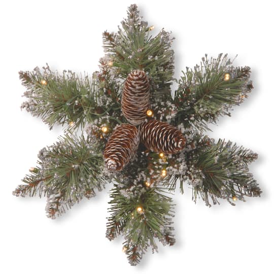 National Tree Company; 14" Glittery Bristle® Pine Snowflake with Pine Cones & Warm White LED Lights; Category:Lighted Christmas Wreaths; Image:1